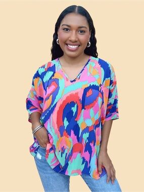 Adrienne Multicolor Abstract artsy V-Neck poncho Tunic blouse XS